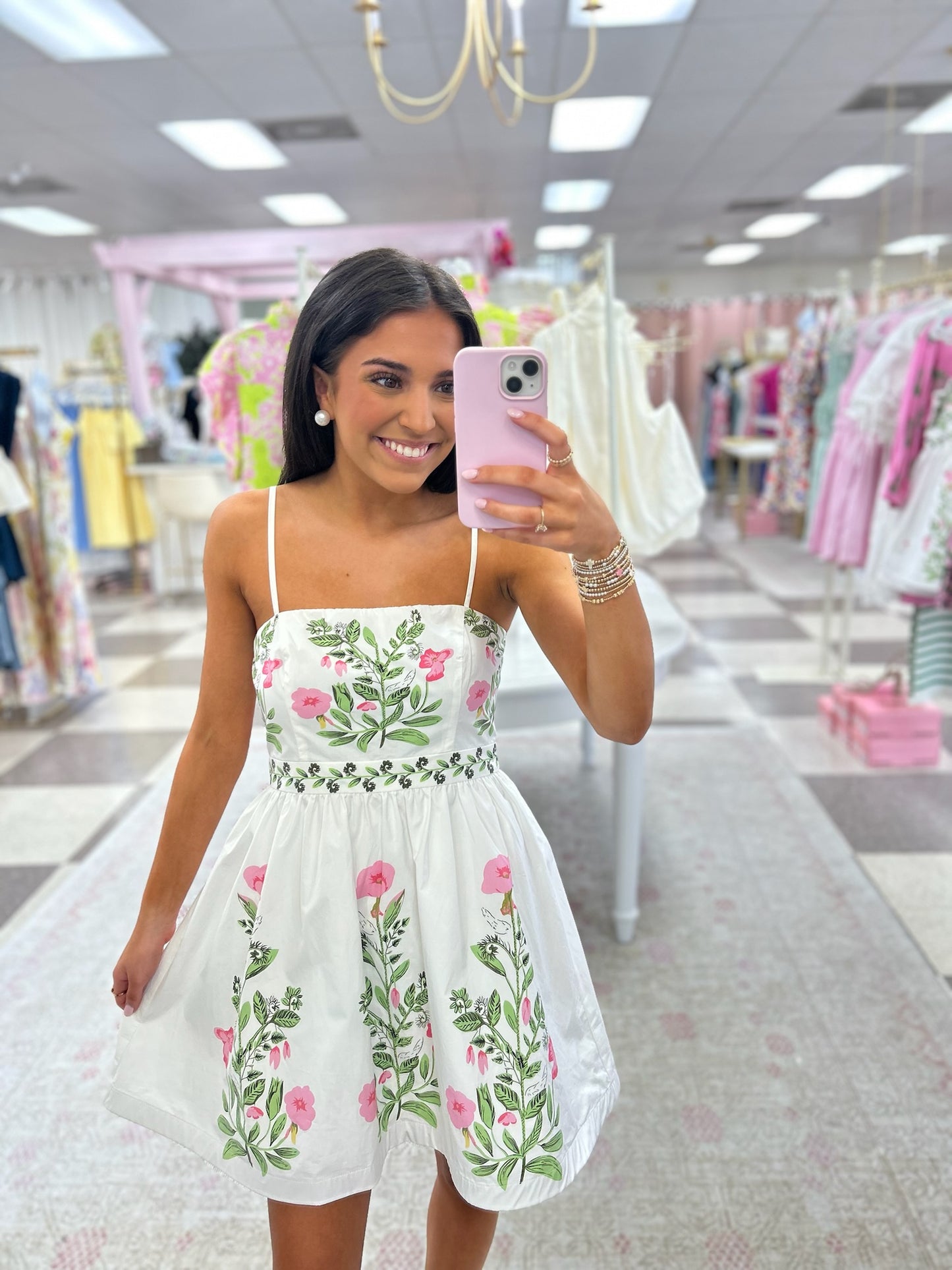 Springtime Charm Mini Dress (White/Pink)