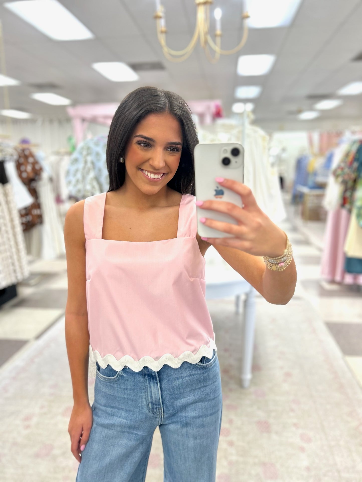 Pink Ric Rac Hem Square Neck Top