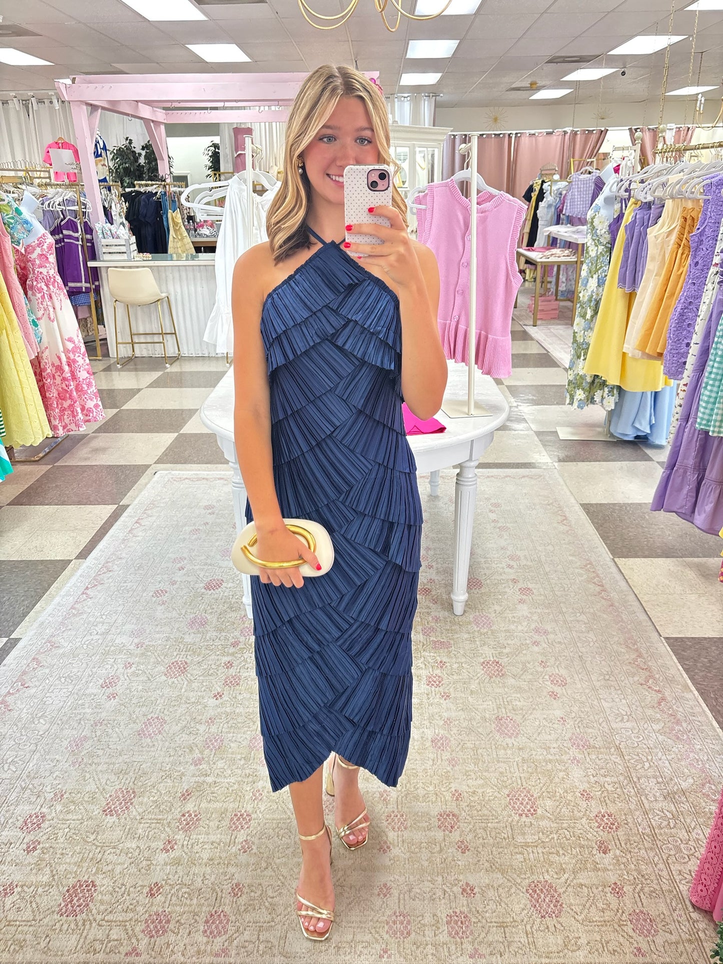 Pleated Satin Tiered Midi Dress (Blue)