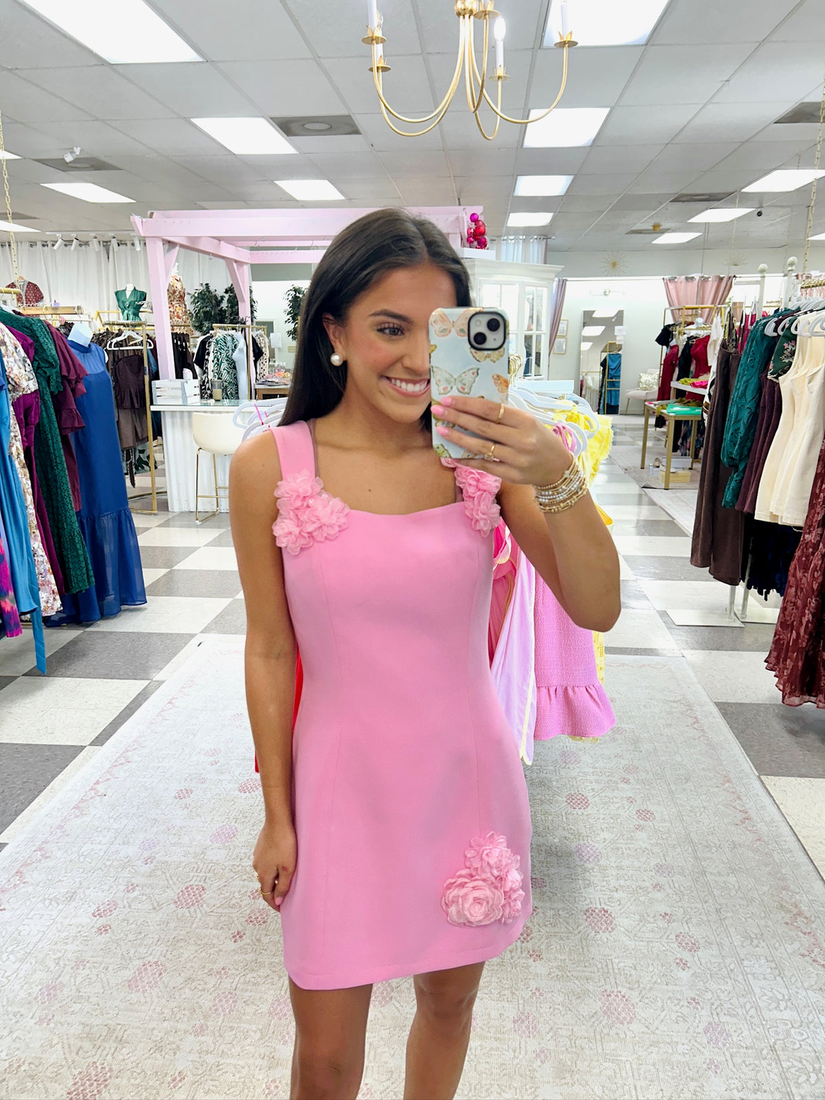 Adrienne Pink with 3D Floral Mini Dress