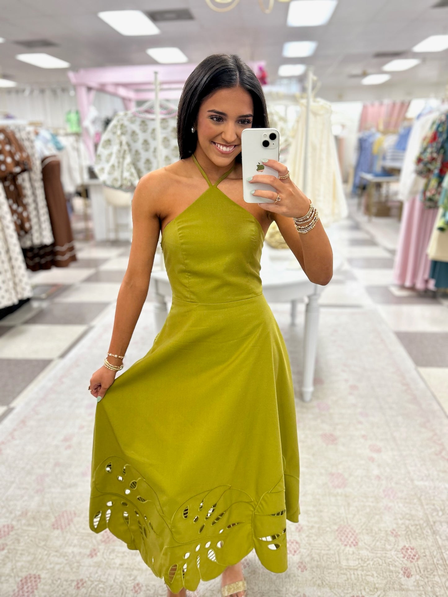 Vivian Olive Halter Midi Dress