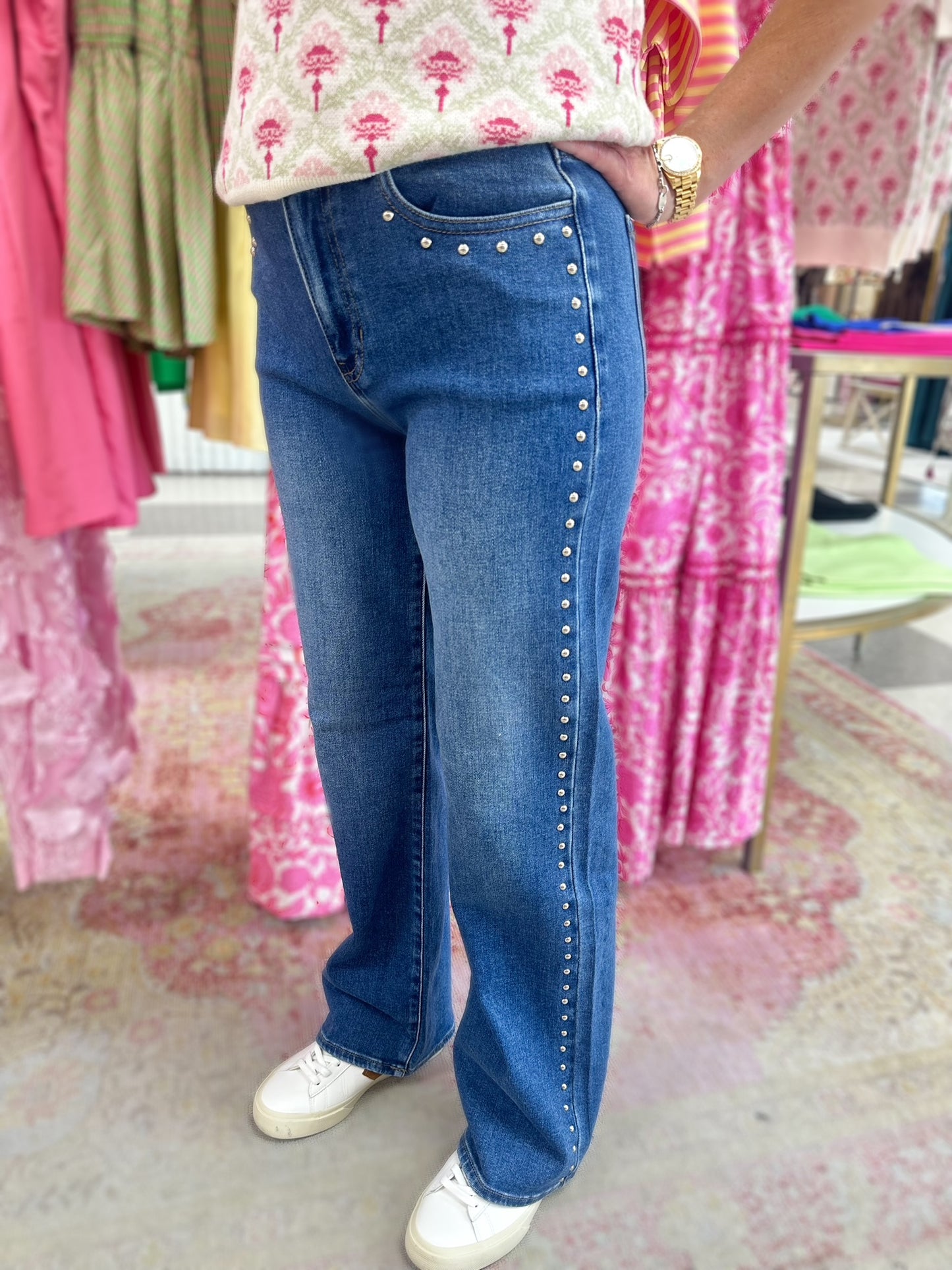 Studded Medium Wash Denim Jeans