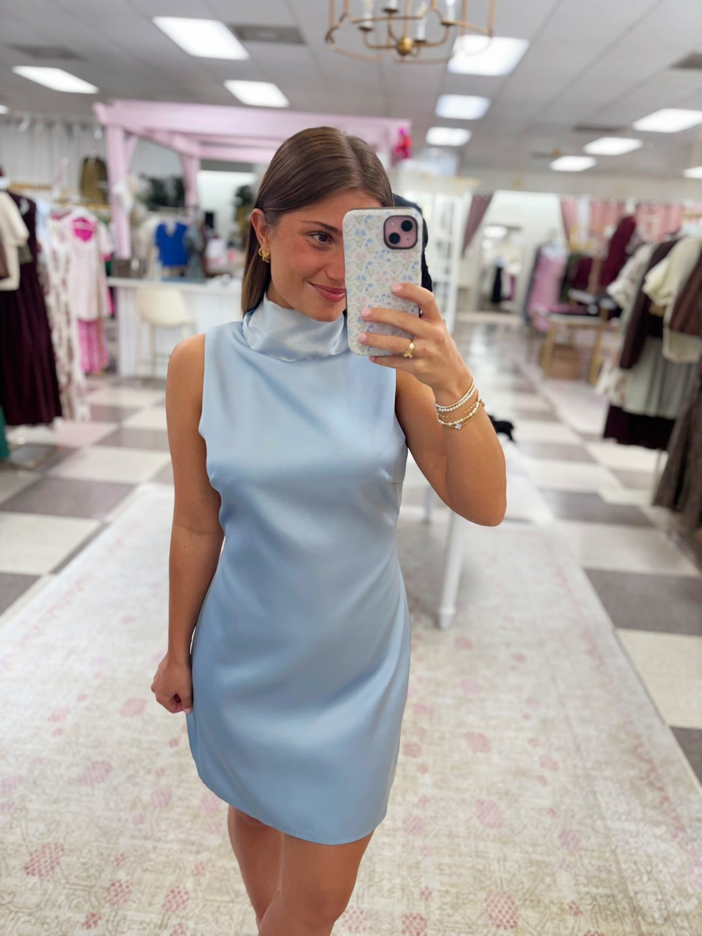 High-neck Satin Mini Dress (Baby Blue)