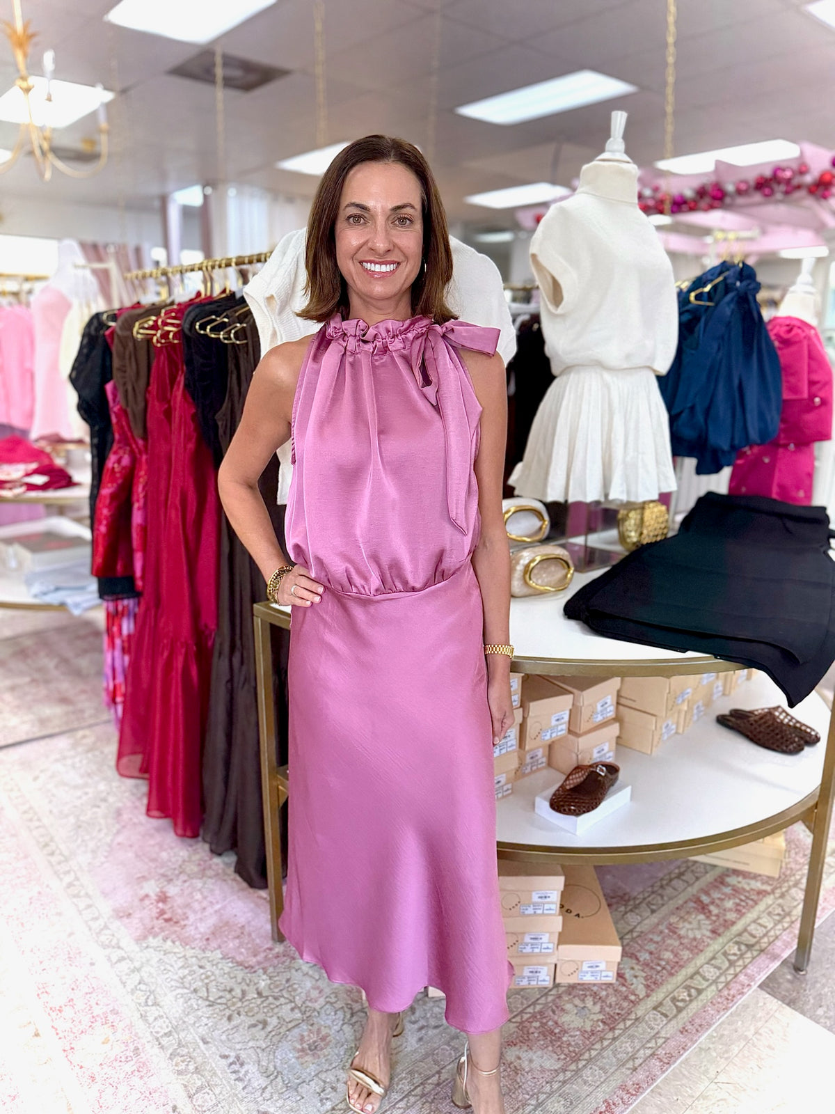 Marla Tie Neck Satin Midi Dress (Pink)
