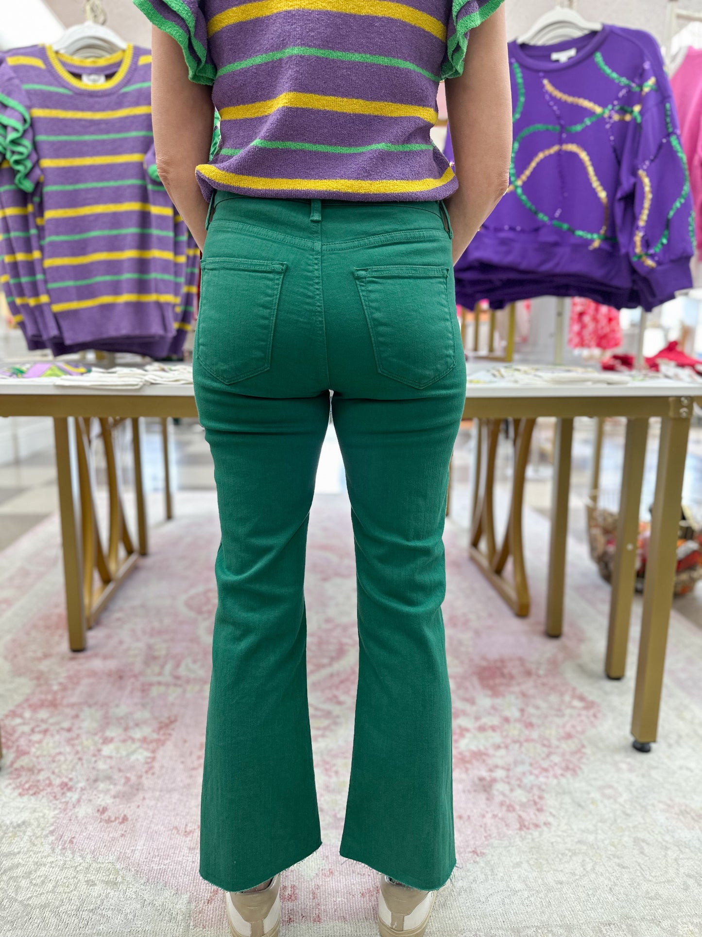 Green Jeans with Raw Hem