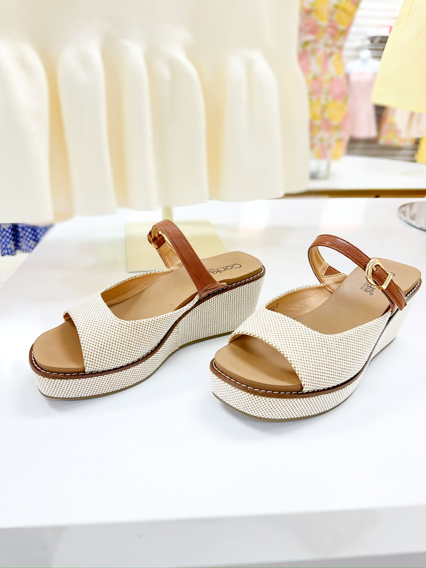 Treat Yourself Linen/Brown Wedge Shoe