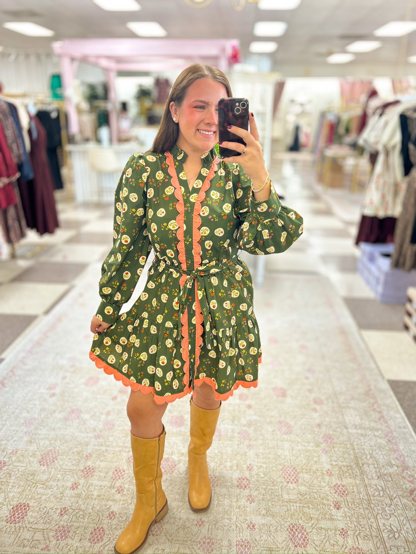 Green Long-sleeve Patterned Dress