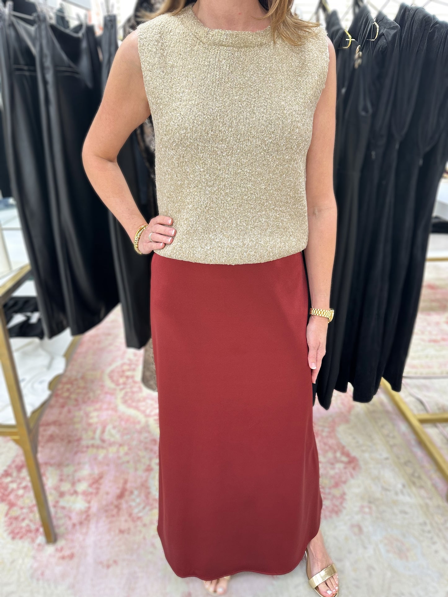 Burgundy Satin Midi Skirt