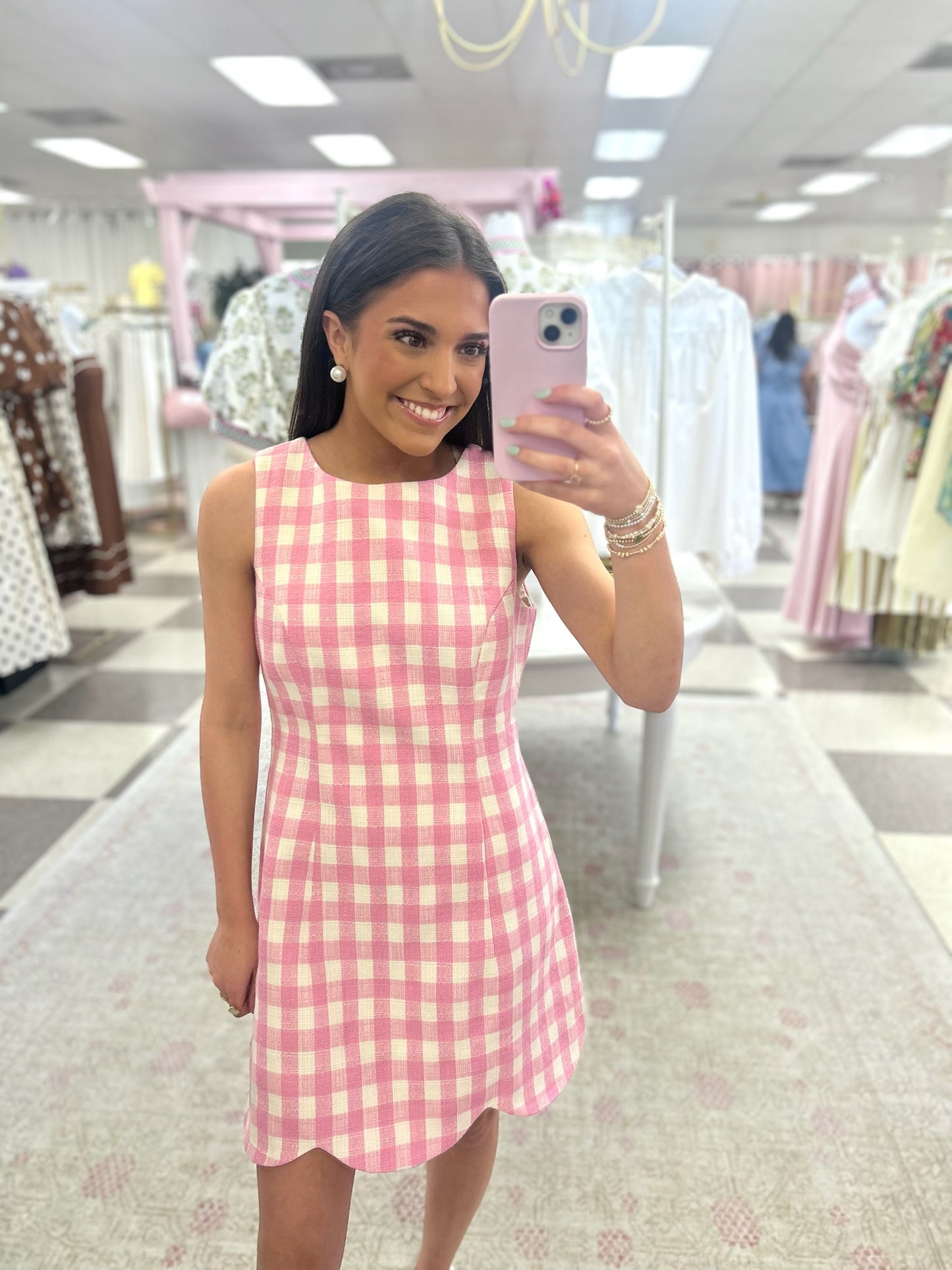 Rosie Gingham Scallop Hem Mini Dress (Pink)