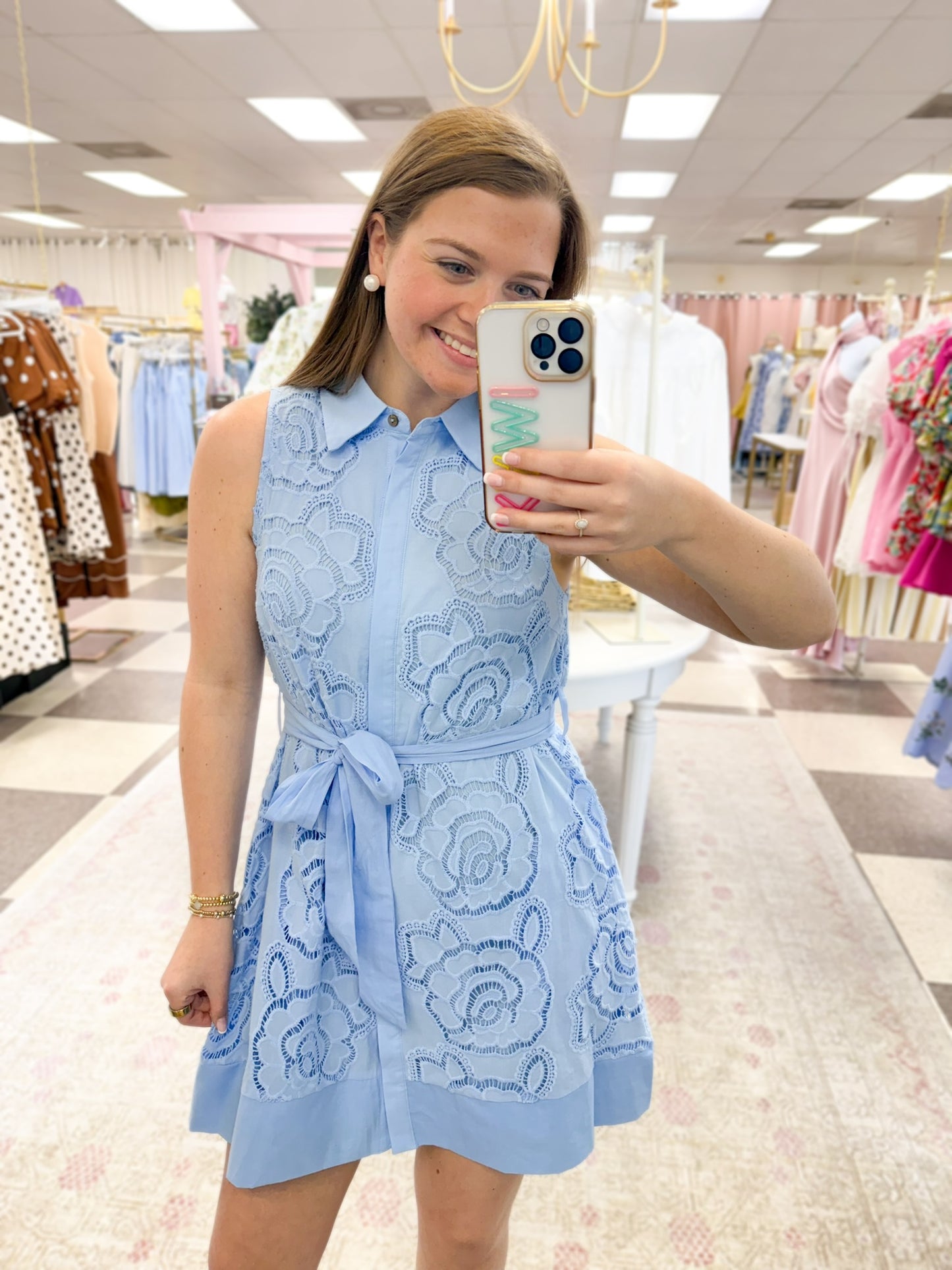Berkely Sleeveless Floral Embroidered Mini Dress (Lt Blue)