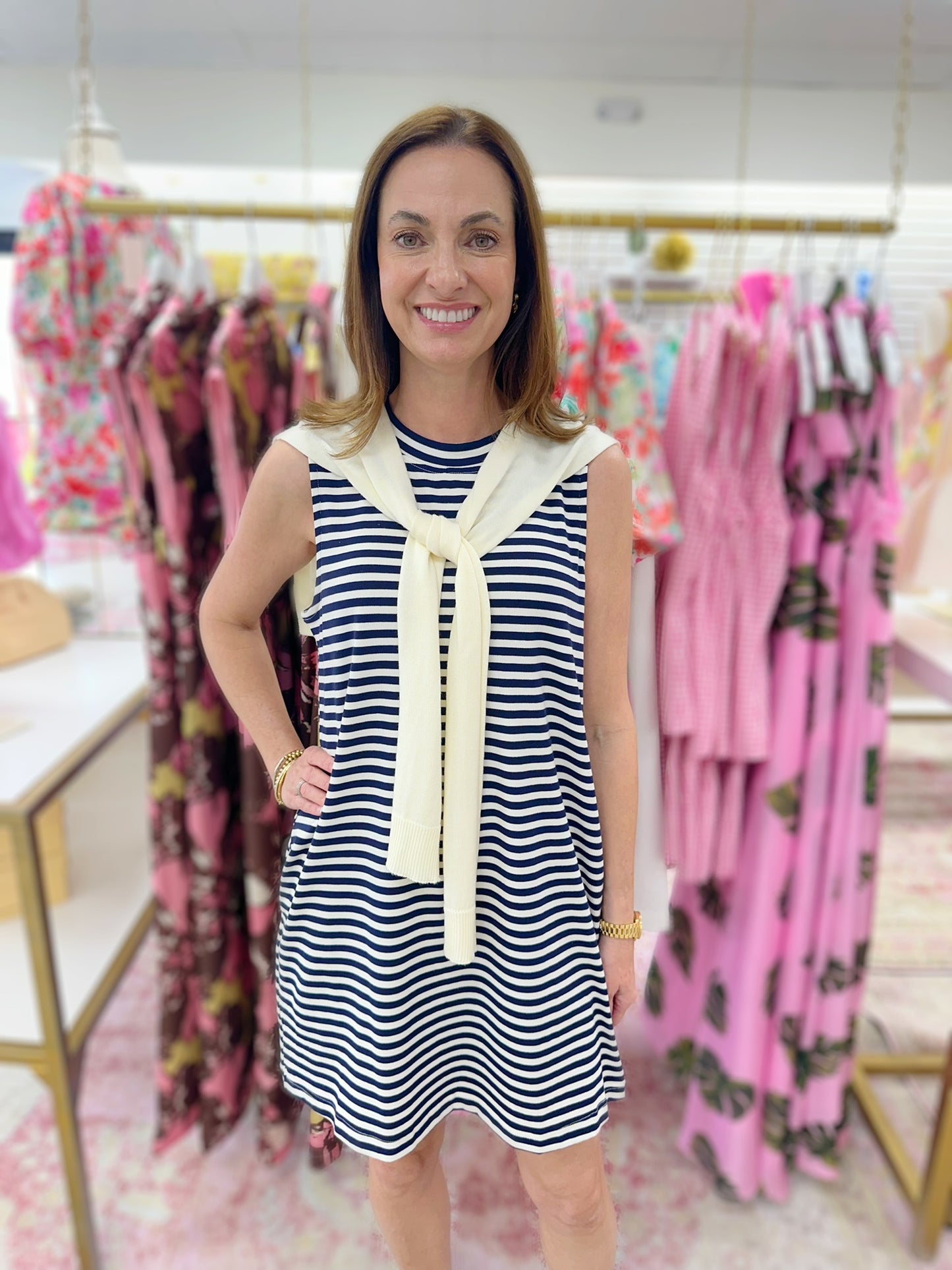 Newport Stripe Dress with Faux Shoulder Sweater " Navy/White"