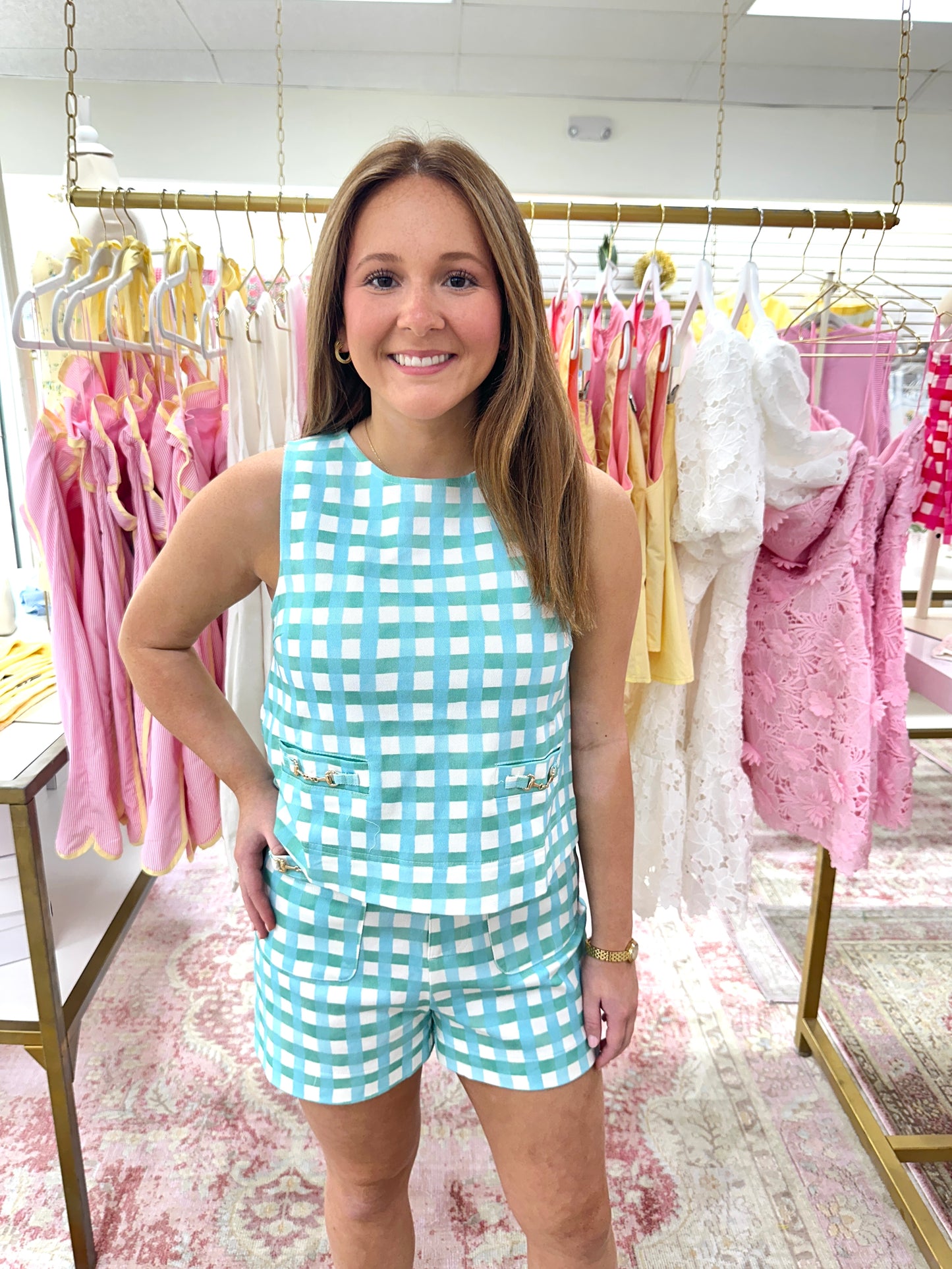 Mint Check Print Top