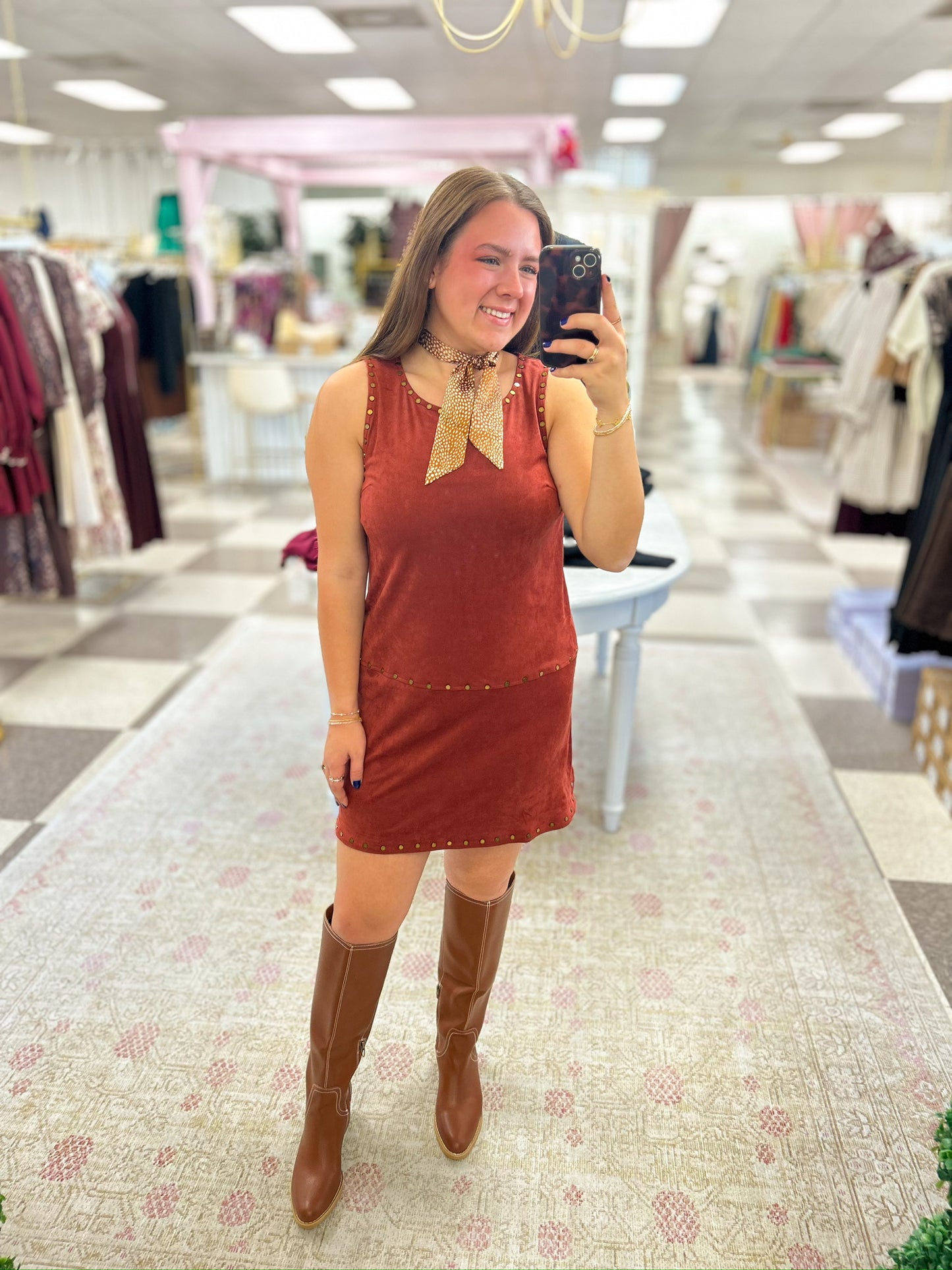 Gold-studded Rust Velvet Dress