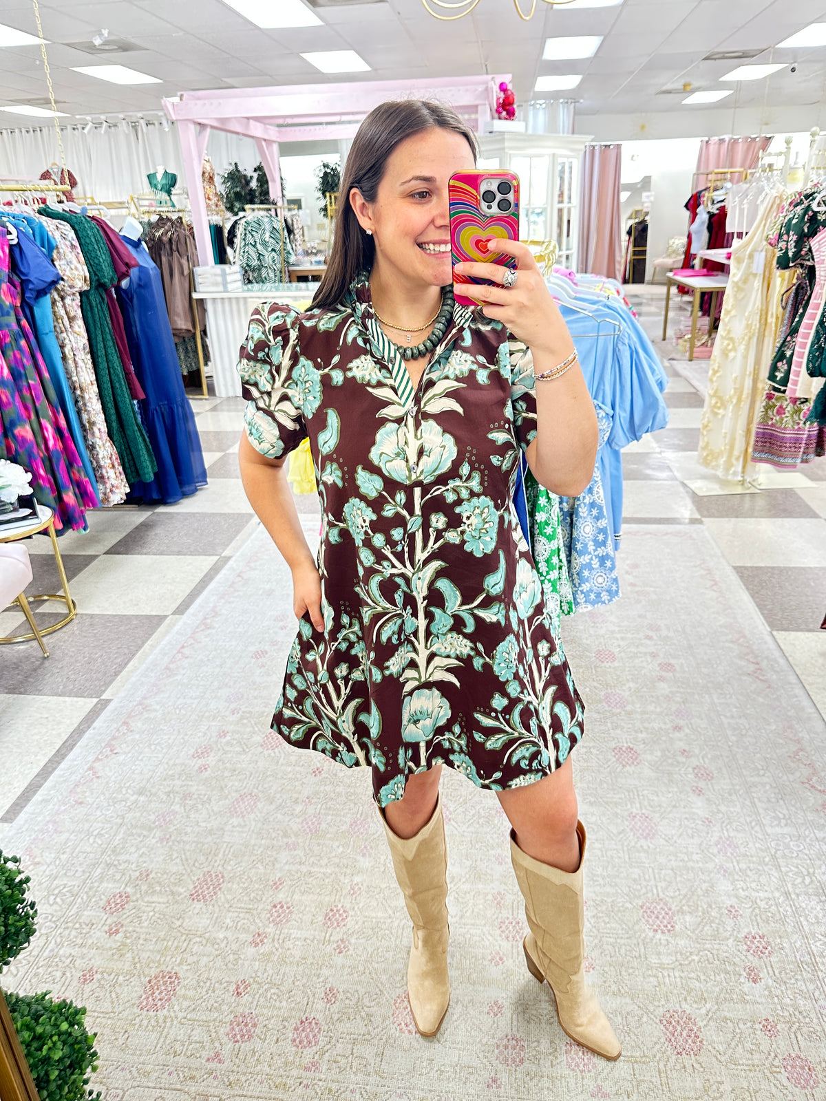 Brown and Blue Floral Short Sleeve Mini Dress