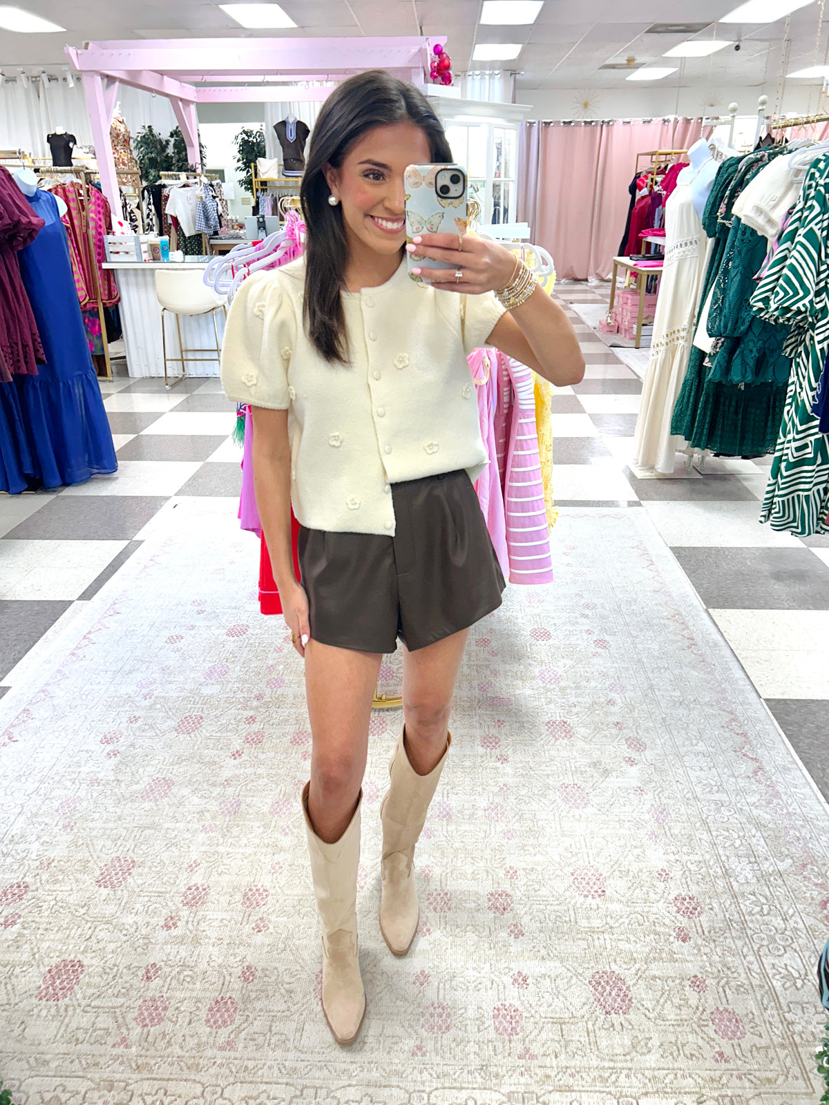 Chocolate Leather Pleat Shorts