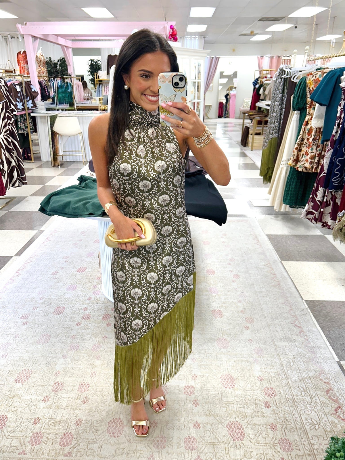 Olive Elegance Fringe Midi Dress