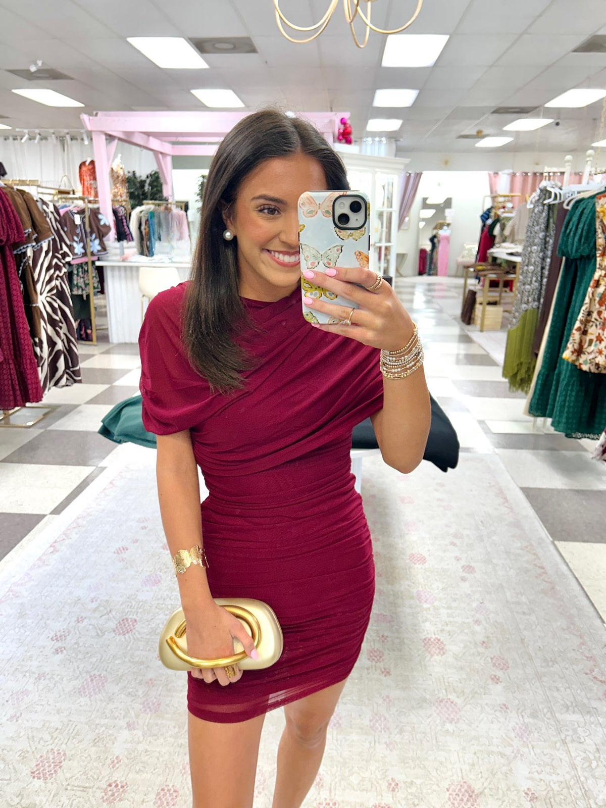Burgundy Ruched Mini Dress