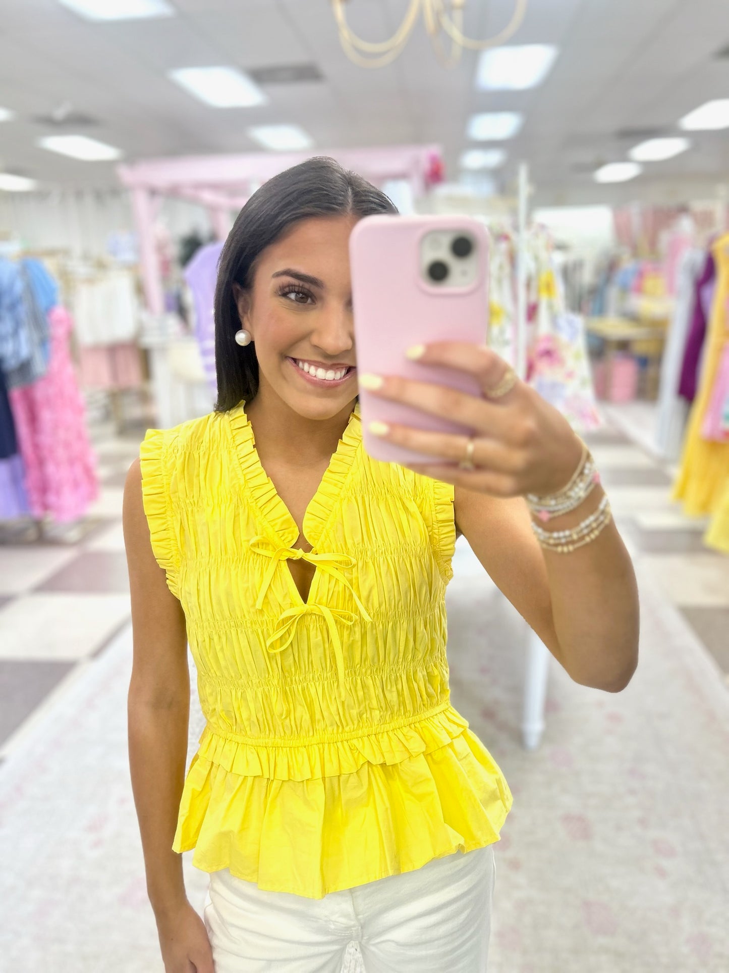 Yellow Smocked Peplum Top