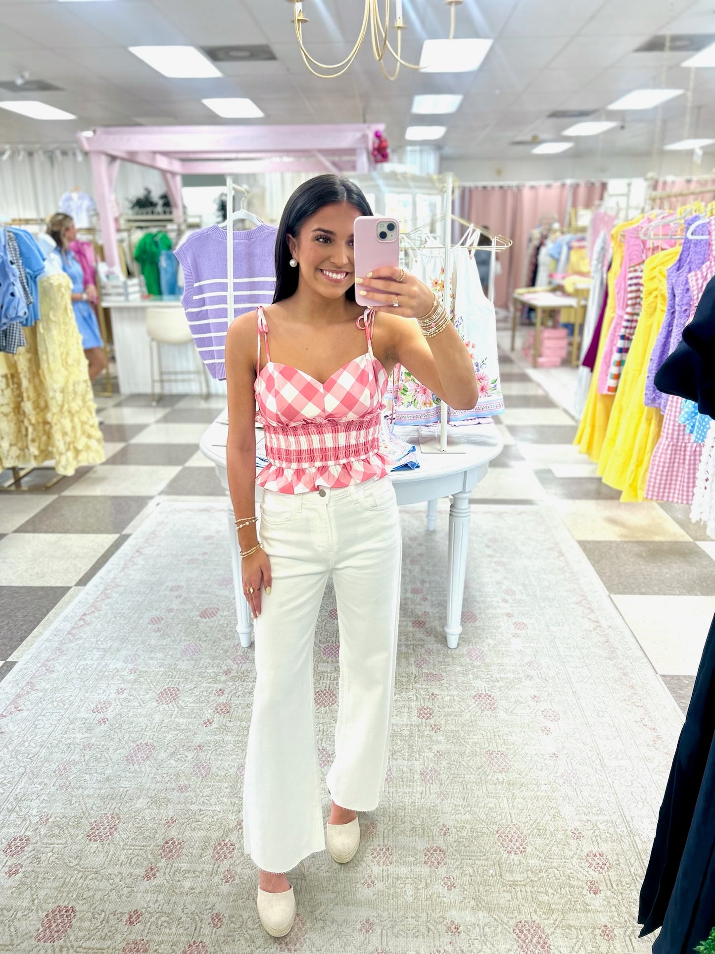 Checkered Tie Strap Crop Top (Pink)
