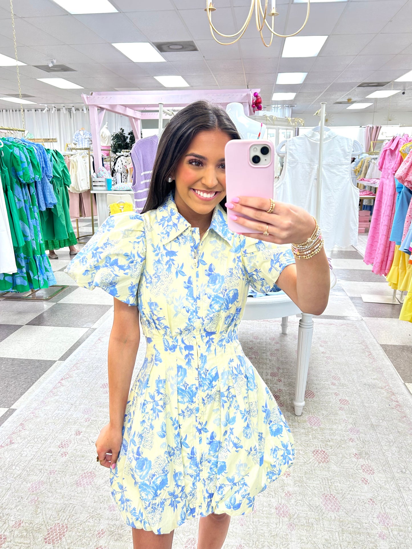 Blue Floral Zip Up Bubble Dress