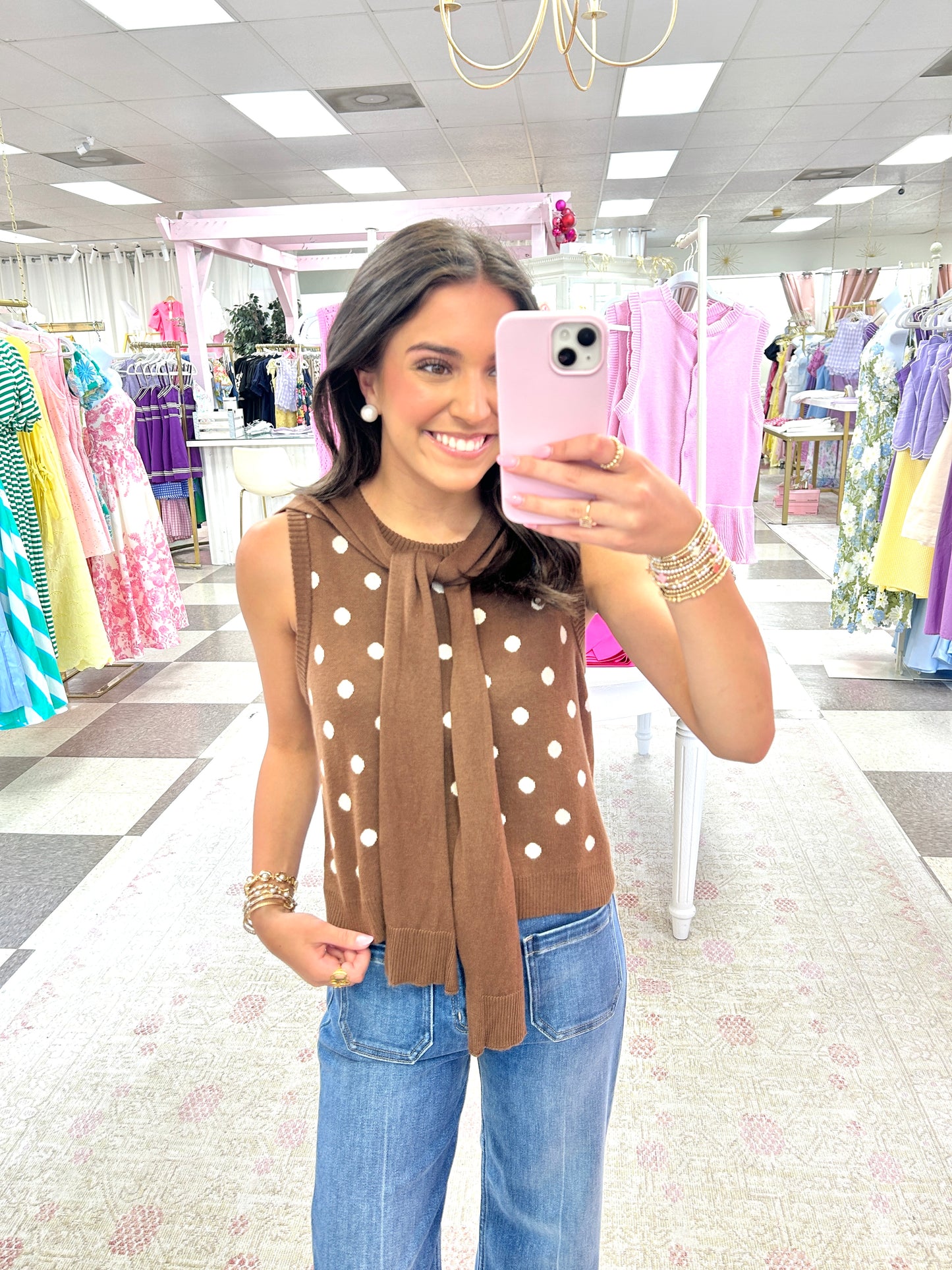 Country Club Dot Sleeveless Sweater (Brown/White)