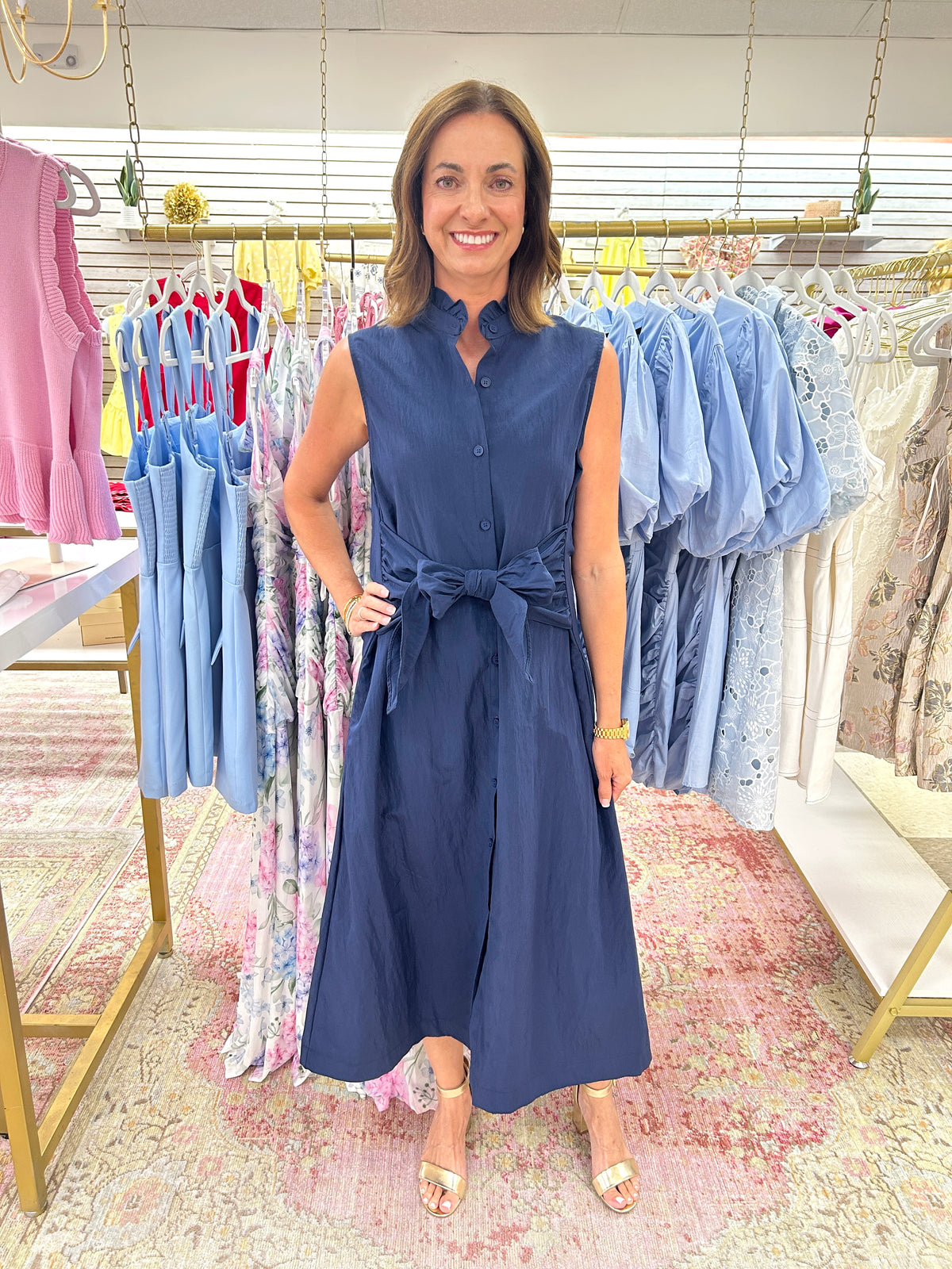 Navy Tie at Waist Midi Dress