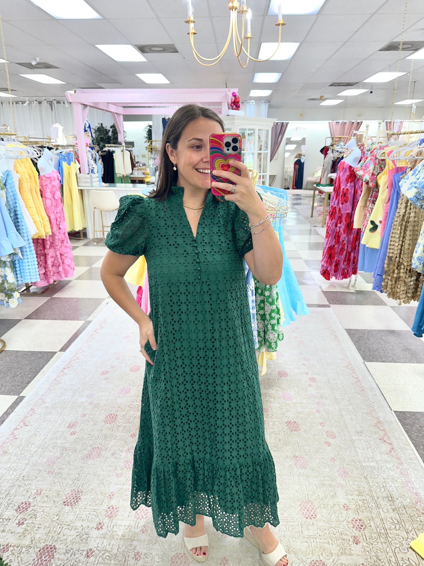 Eyelet Puff Sleeve Midi Dress (Hunter Green)