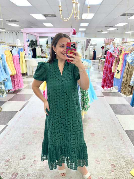 Eyelet Puff Sleeve Midi Dress (Hunter Green)
