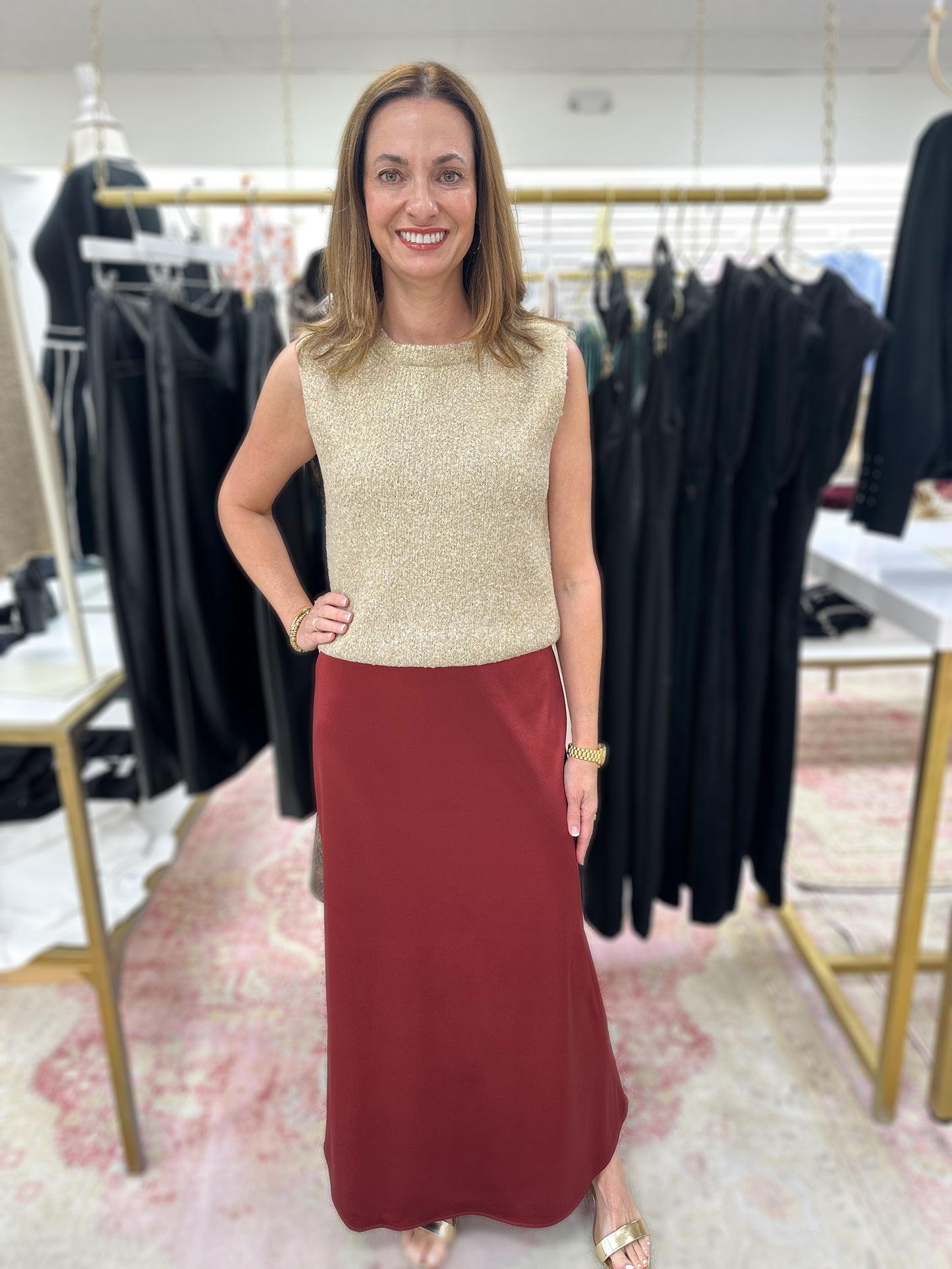 Burgundy Satin Midi Skirt