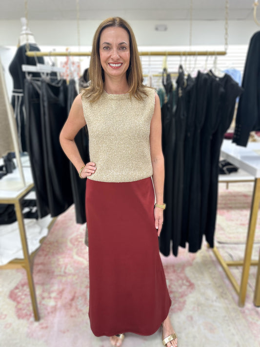 Burgundy Satin Midi Skirt