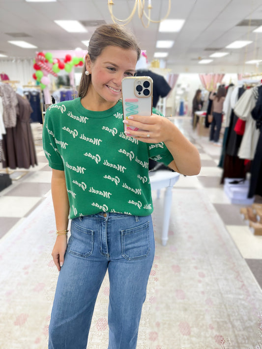 Mardi Gras Script Puff Sleeve Top (Green)