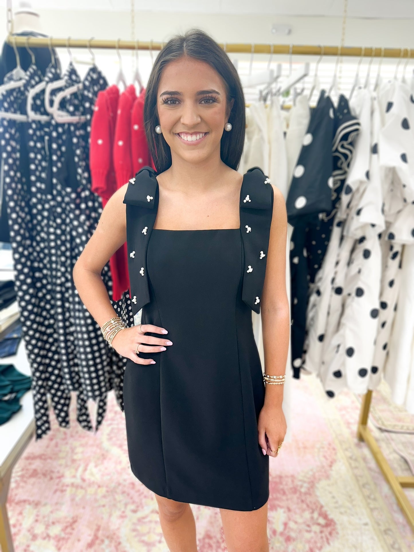 Estelle Black Mini Dress with Rhinestone and Pearl Embellished Bow Straps