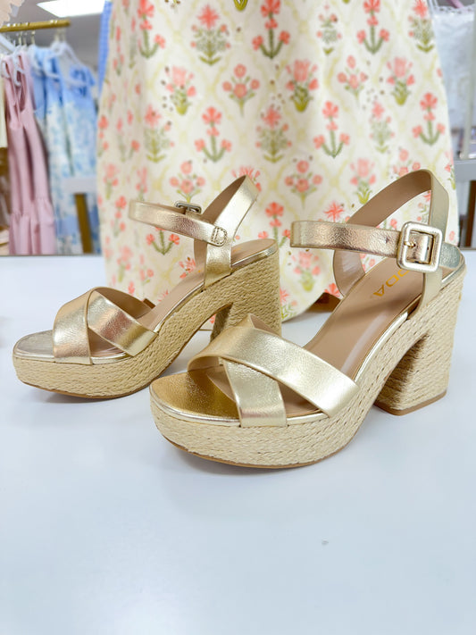 Gold Criss Cross Raffia Heel Sandal