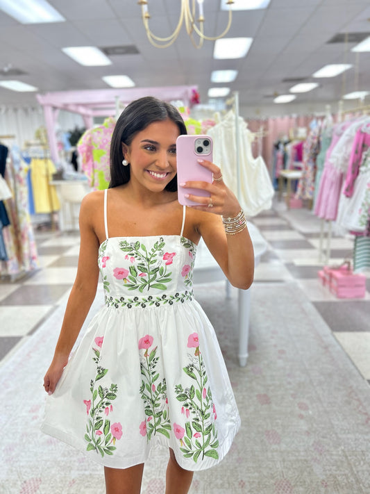 Springtime Charm Mini Dress (White/Pink)