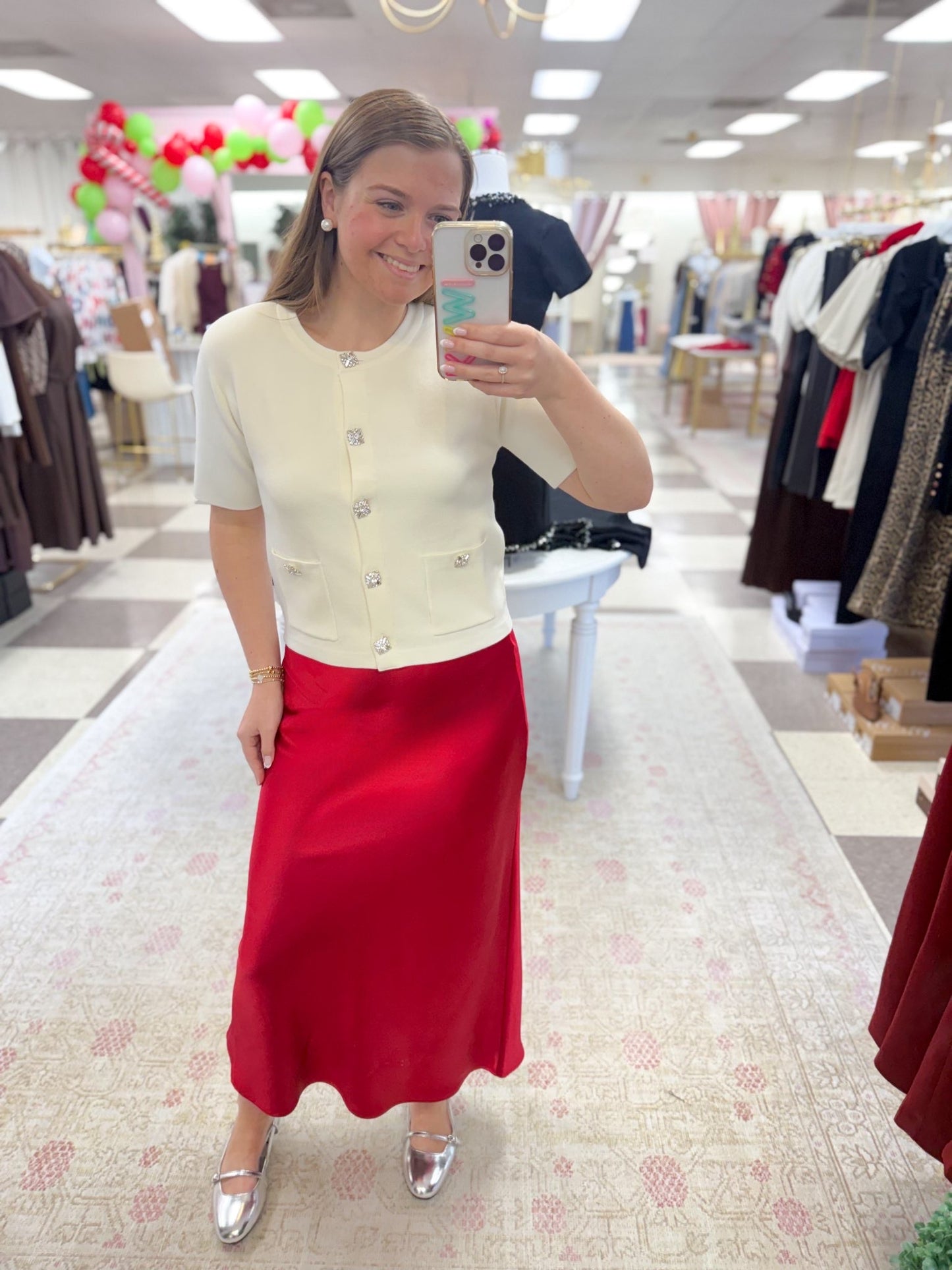 Isabella Red Satin Midi Skirt