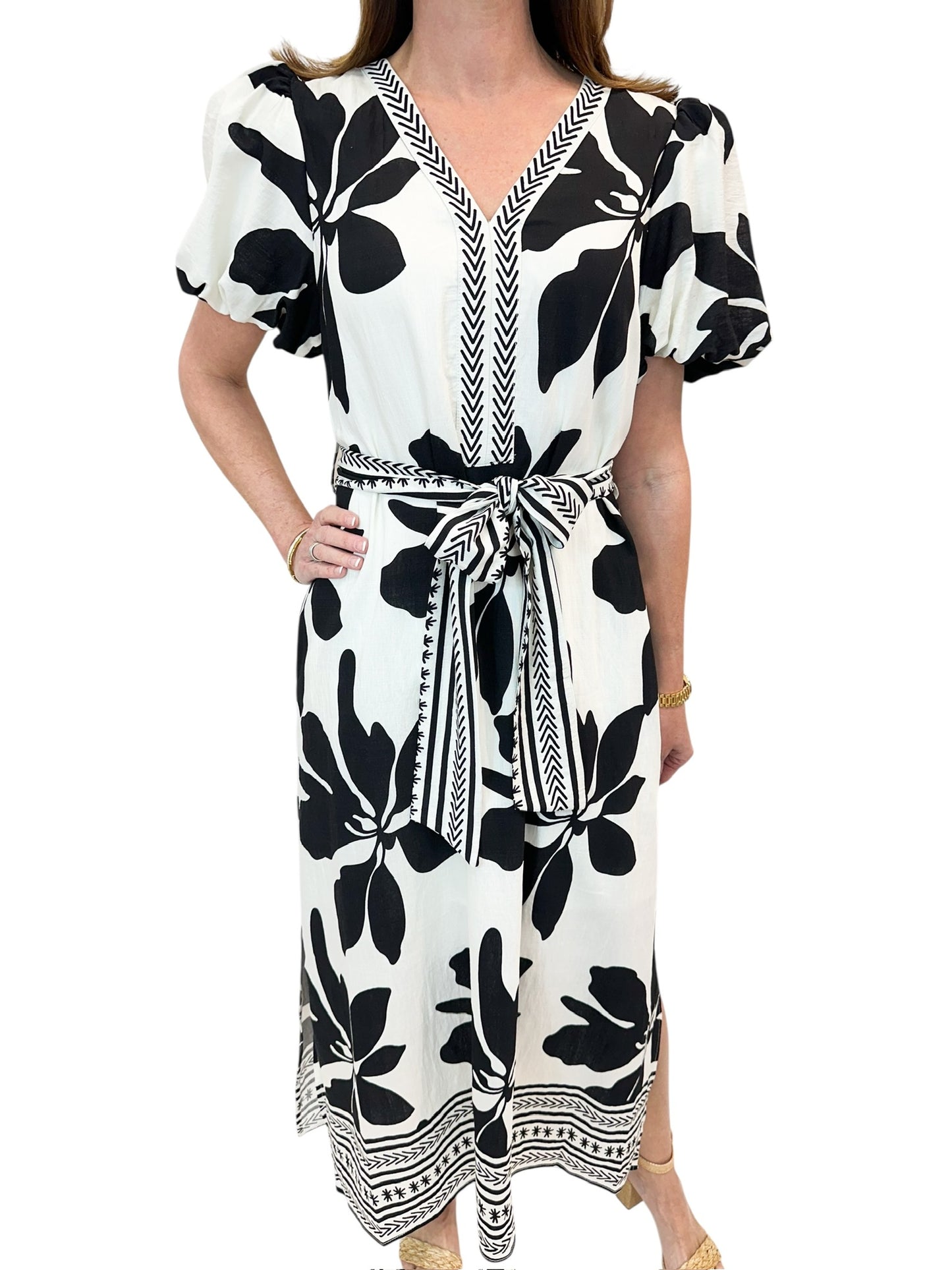 Kristine Black/White Patterned Puff Sleeve Maxi Dress