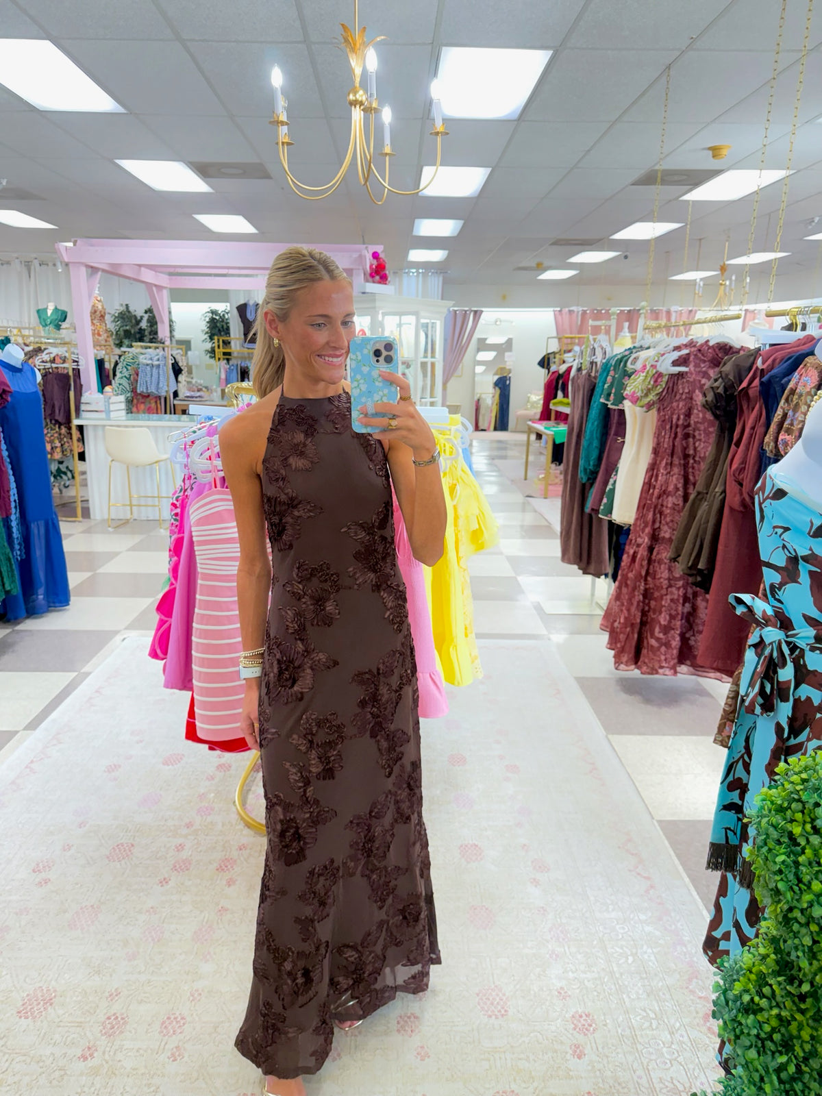 Brown Halter 3D Floral Maxi Dress