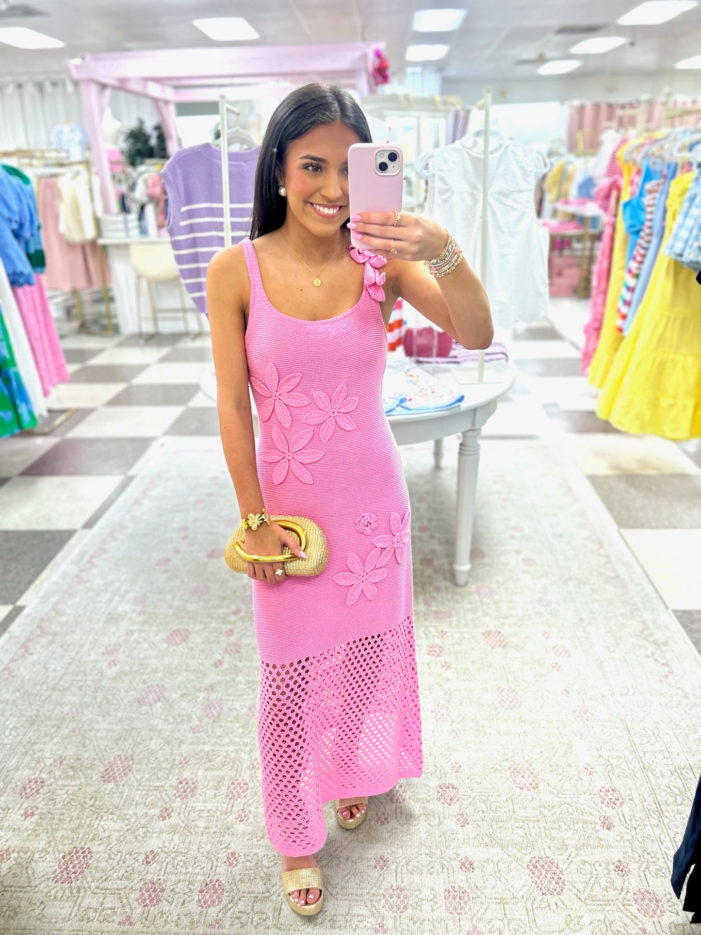 Pink Resort Flower Applique Knit Midi  Dress