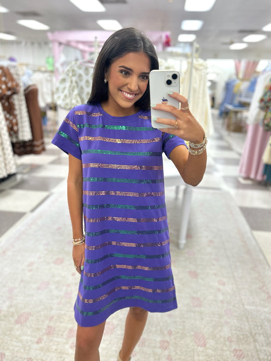 Mardi Gras Purple Sequin Stripe Mini Dress