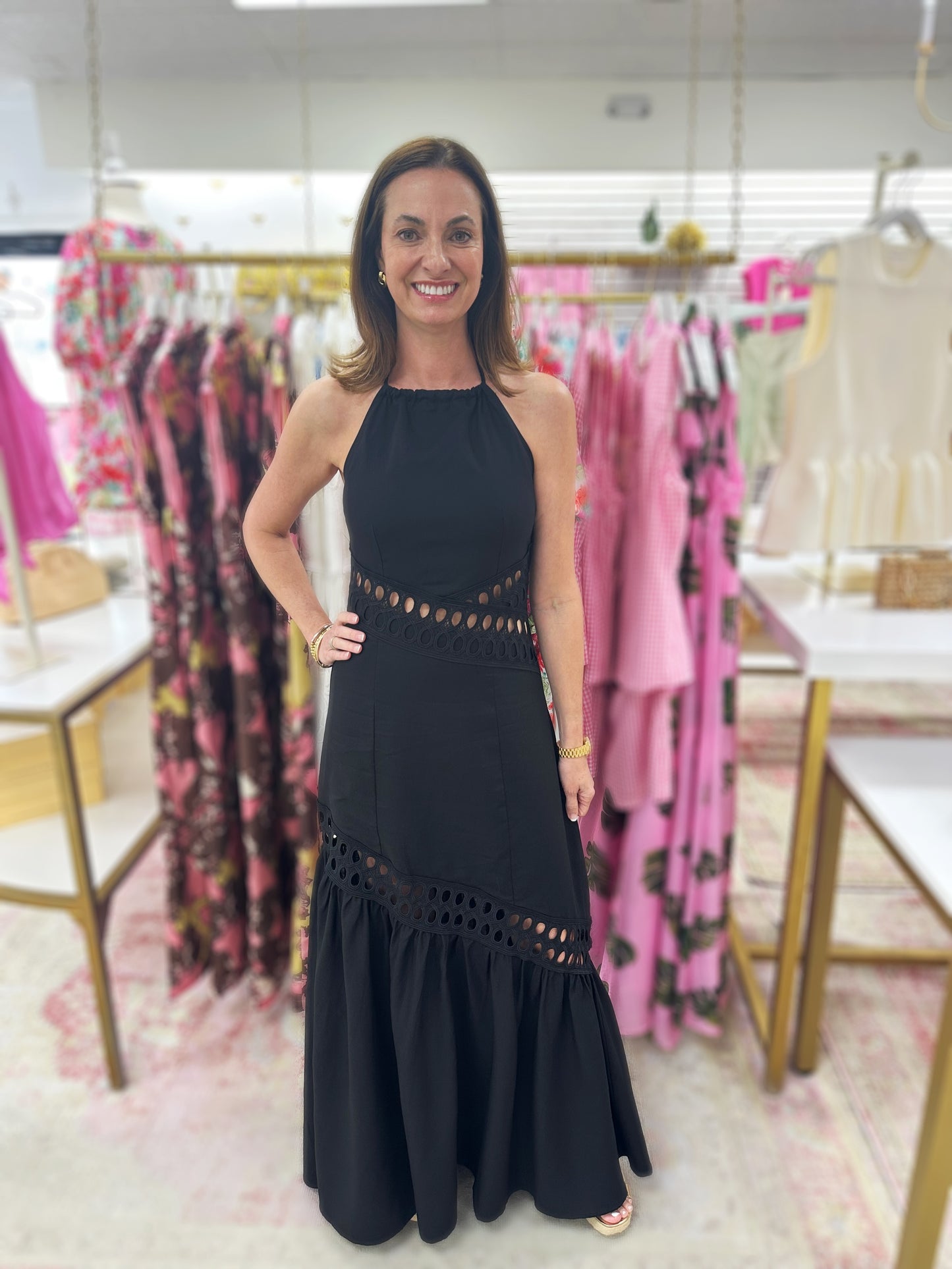 Noir Halter with Cut Outs Linen Maxi Dress ( Black)