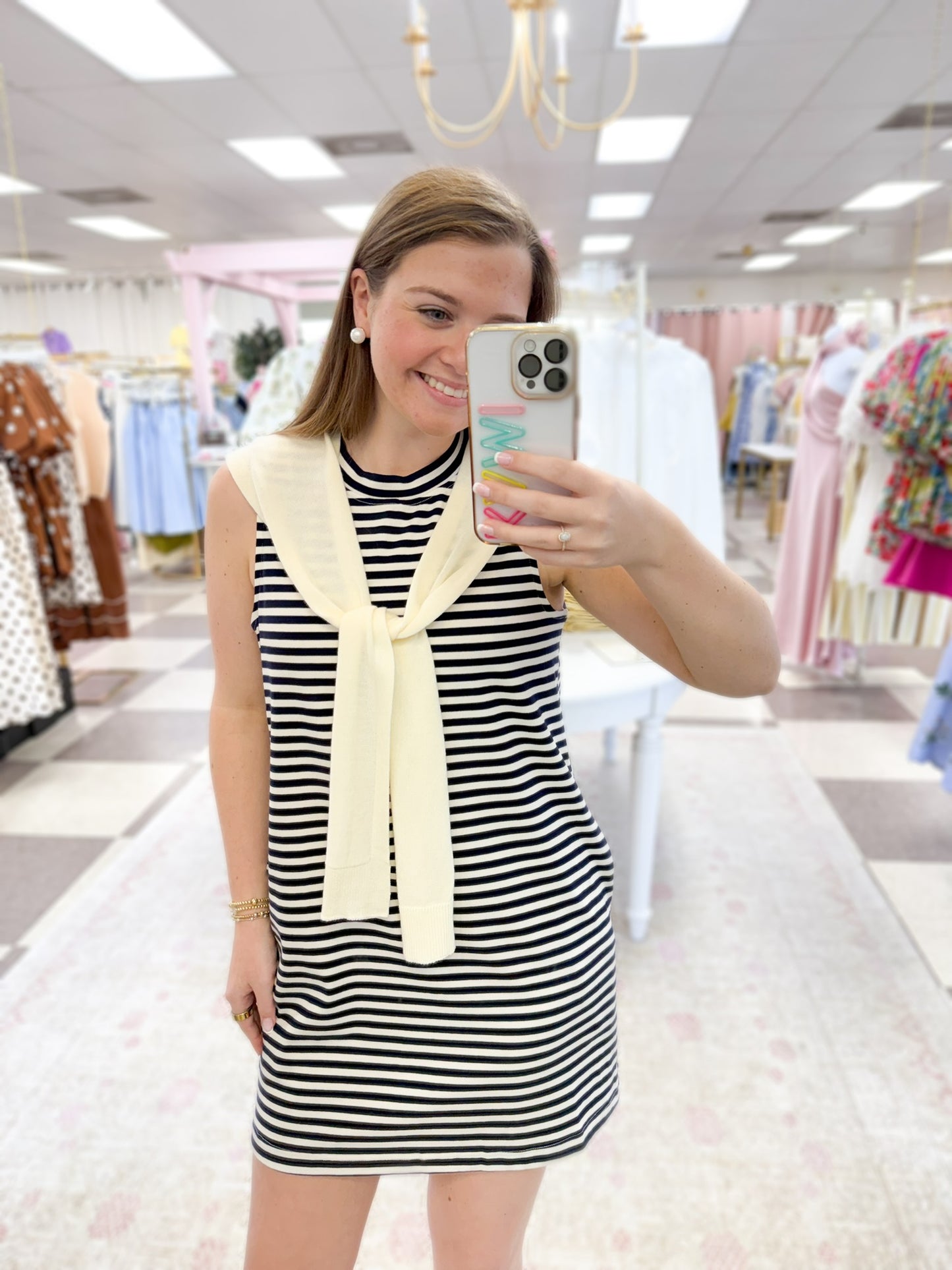 Newport Stripe Dress with Faux Shoulder Sweater  " Navy/White"