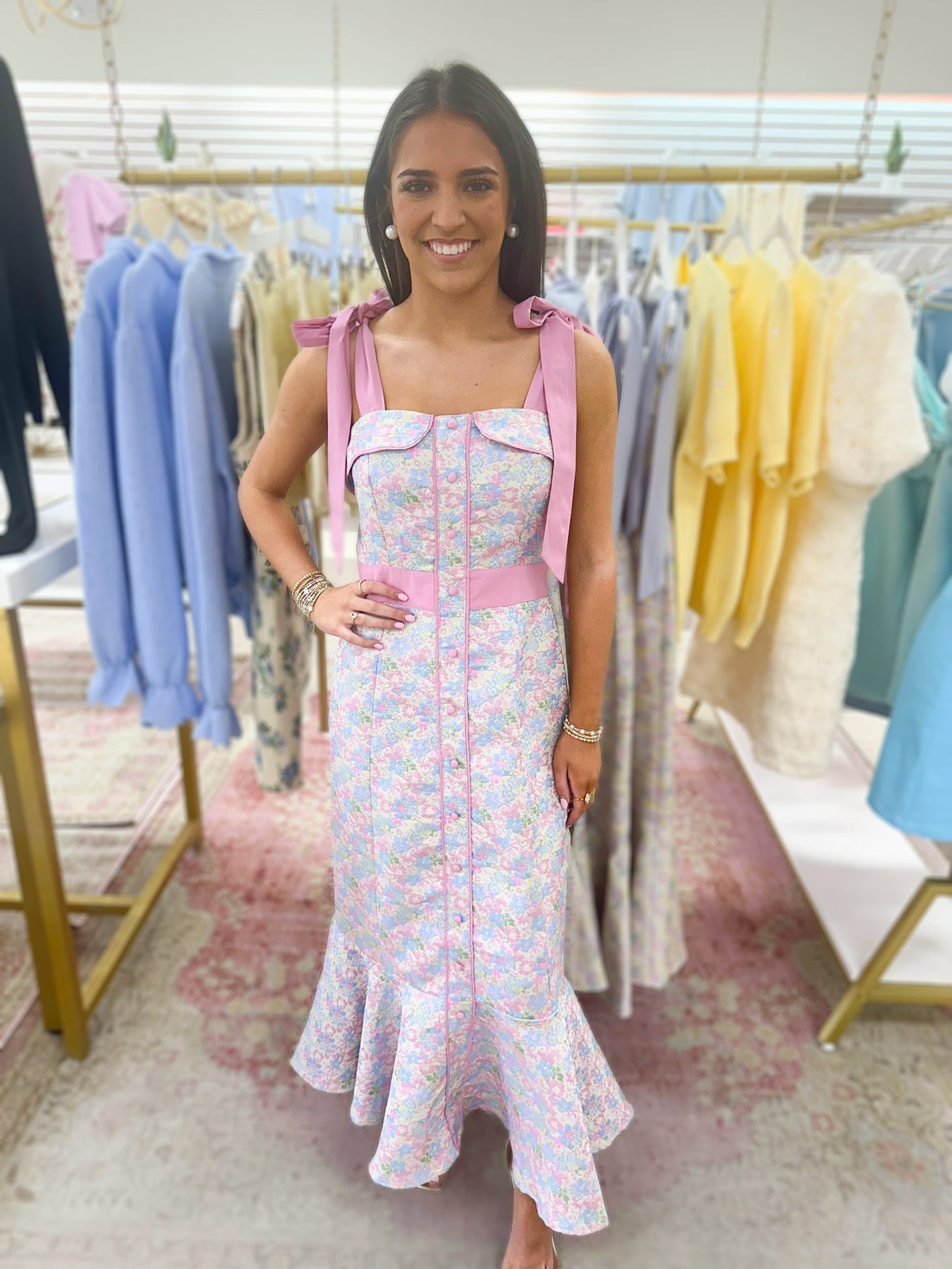 Merritt Tie Shoulder Button Up Midi Dress (Pink)