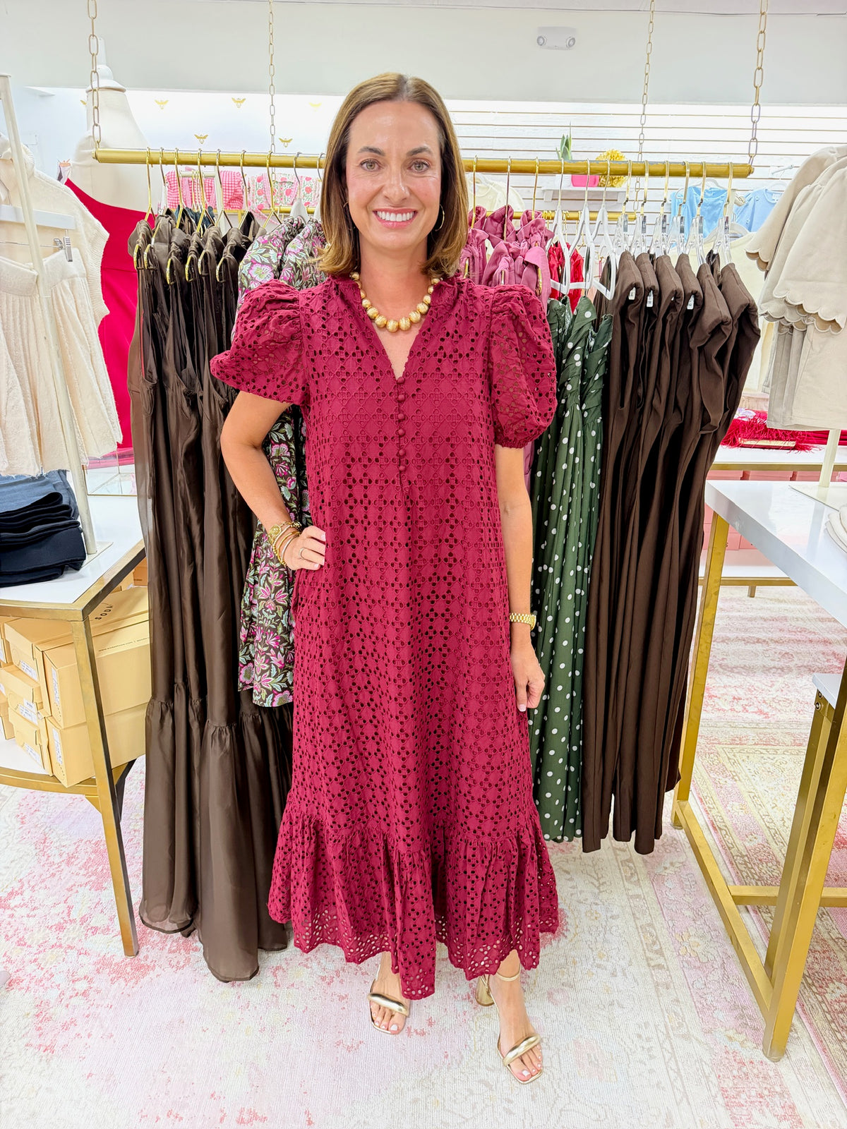 Eyelet Puff Sleeve Midi Dress (Burgundy)