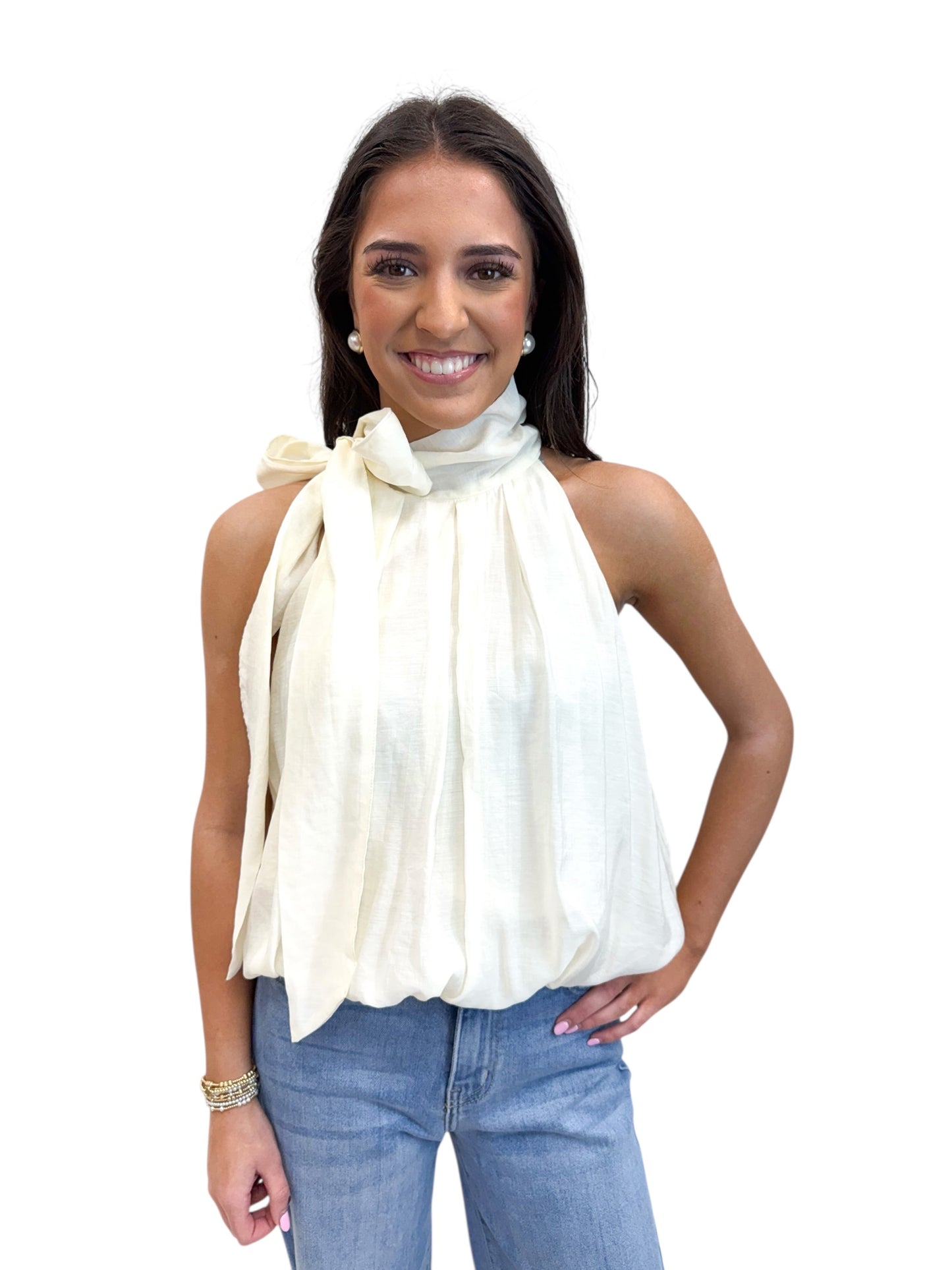Cream Puff Tie Neck Top