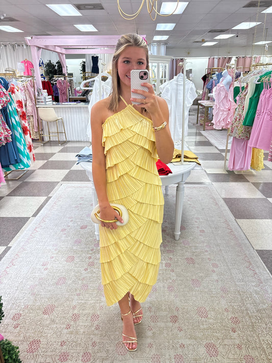 Pleated Satin Tiered Midi Dress (Yellow)