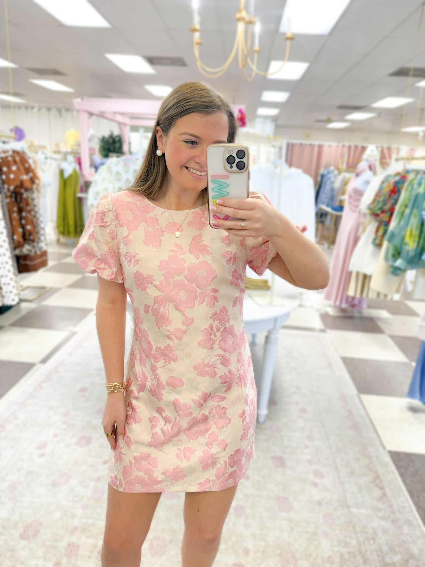 Cherie Brocade Floral Print Mini Dress "Pink/Cream"