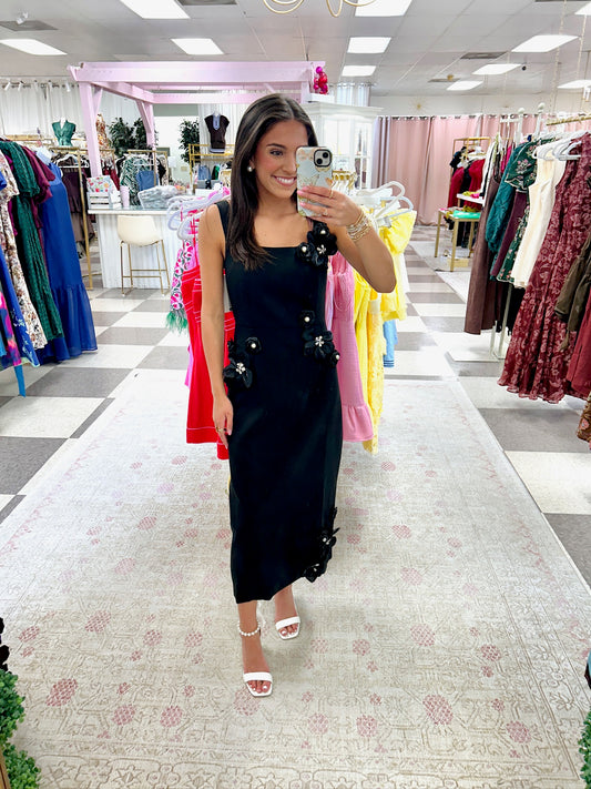 Juliette Flowers Midi Dress (Black)