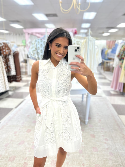 Berkeley Sleeveless Floral Embroidered Mini Dress (White)