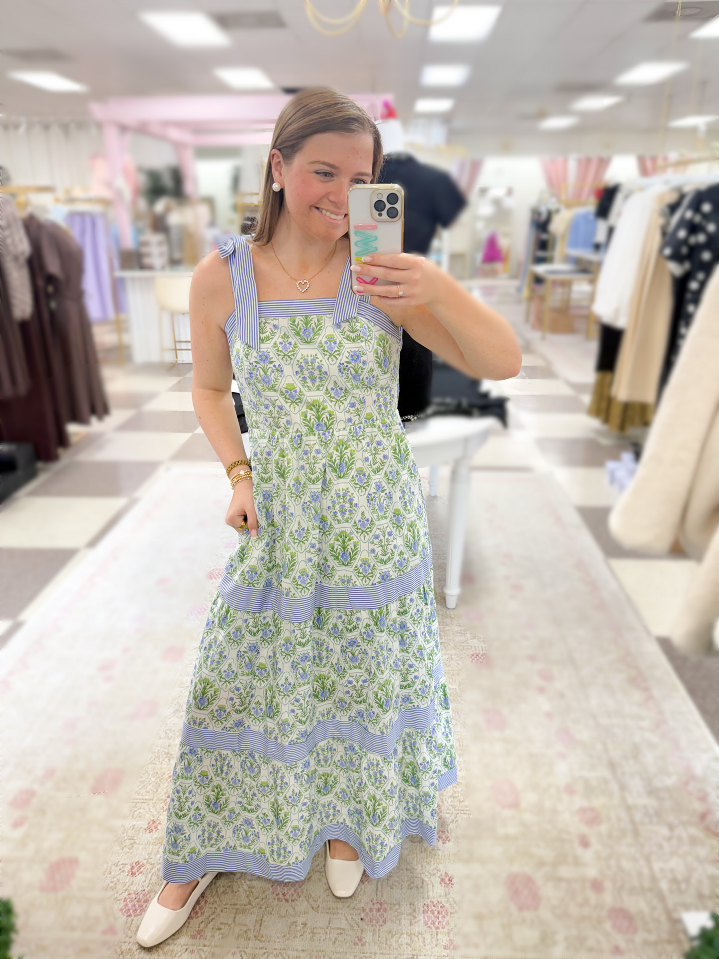 Sinclair Blue/Green Floral/Pinstripe Maxi Dress