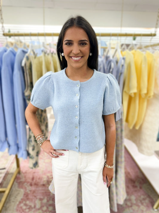 Miller Puff Sleeve Knit Button Up Top (Blue)